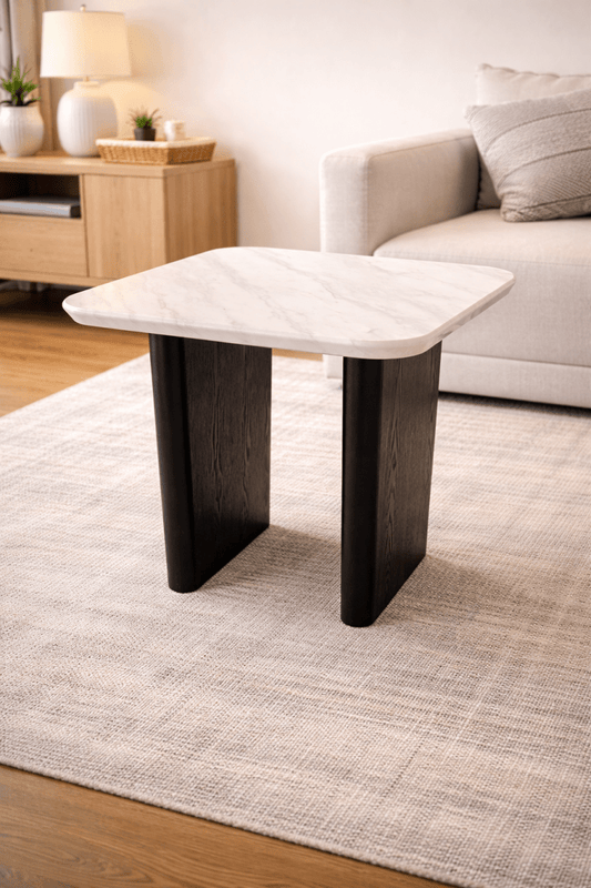 Stanton Modern End Table – Real Marble Top, Charcoal/Black Textured Base, 55x55x49 cm - althahanifurniture