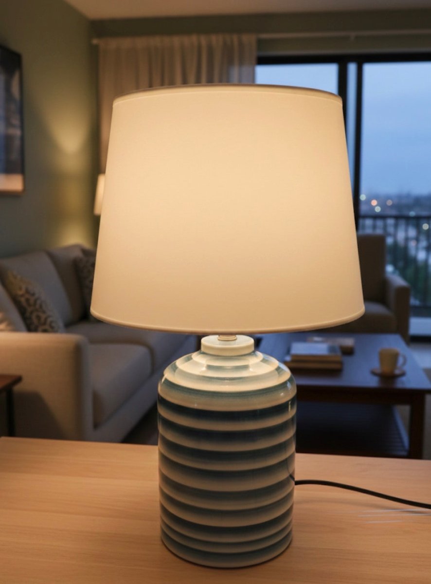 Temple & Webster Noni Ceramic Table Lamp – Blue Striped Base, White Fabric Shade - althahanifurniture