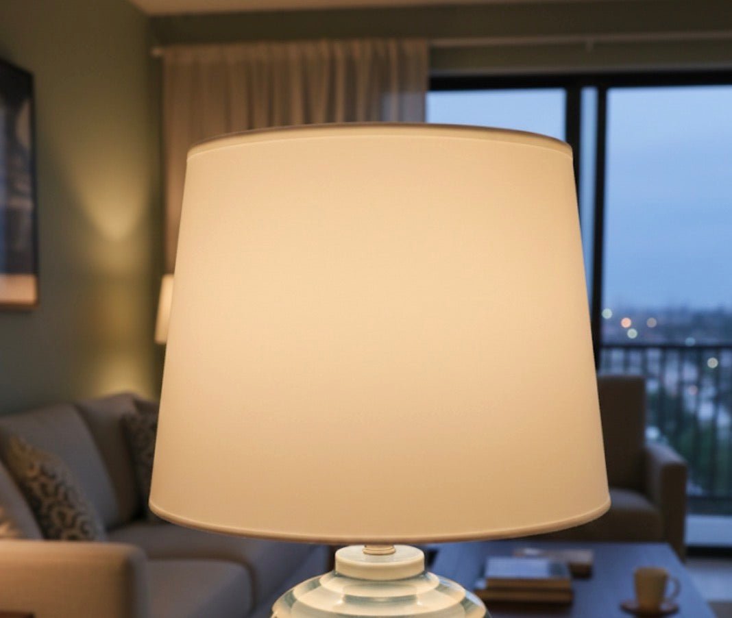 Temple & Webster Noni Ceramic Table Lamp – Blue Striped Base, White Fabric Shade - althahanifurniture