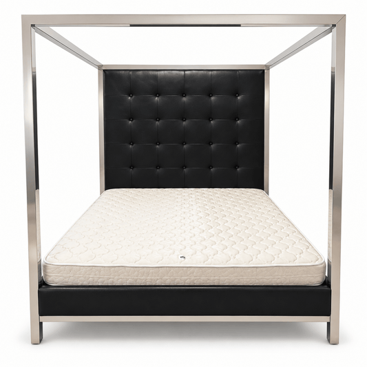 THE One King Four-Poster Canopy Bed with Tufted Headboard & Mattress – Black & Silver – 180 × 200 cm - Al Thahani Furniture