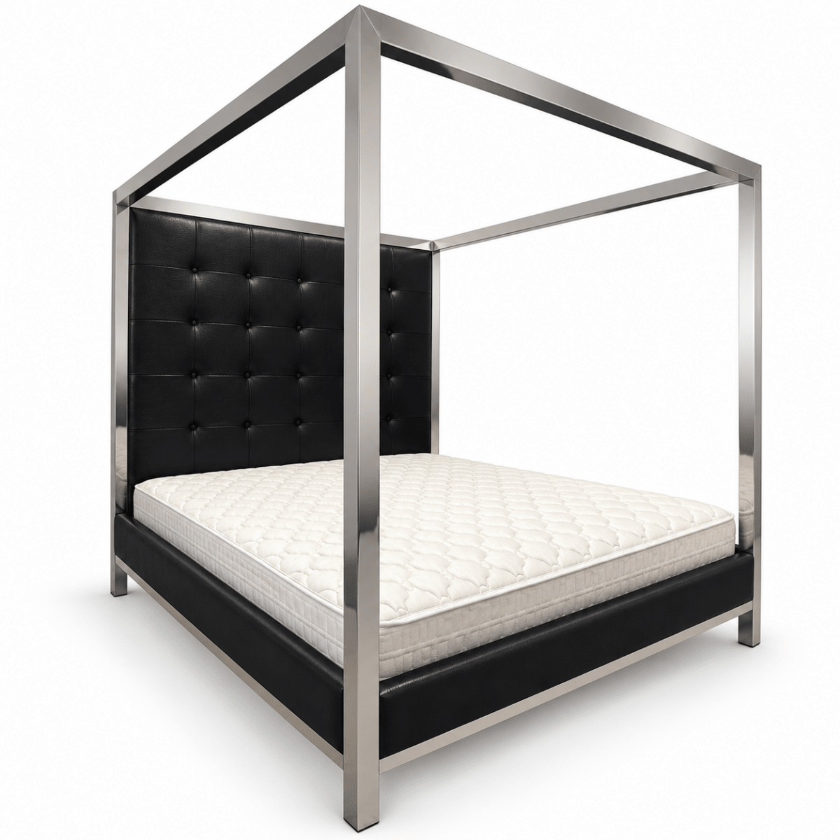 THE One King Four-Poster Canopy Bed with Tufted Headboard & Mattress – Black & Silver – 180 × 200 cm - Al Thahani Furniture