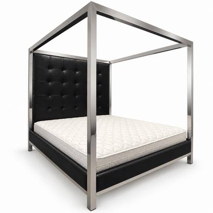 THE One King Four-Poster Canopy Bed with Tufted Headboard & Mattress – Black & Silver – 180 × 200 cm - Al Thahani Furniture