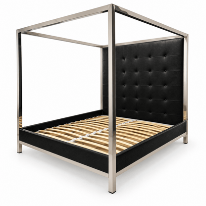 THE One King Four-Poster Canopy Bed with Tufted Headboard & Mattress – Black & Silver – 180 × 200 cm - Al Thahani Furniture