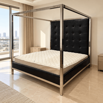 THE One King Four-Poster Canopy Bed with Tufted Headboard & Mattress – Black & Silver – 180 × 200 cm - Al Thahani Furniture