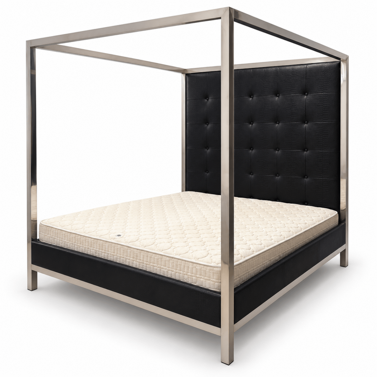 THE One King Four-Poster Canopy Bed with Tufted Headboard & Mattress – Black & Silver – 180 × 200 cm - Al Thahani Furniture