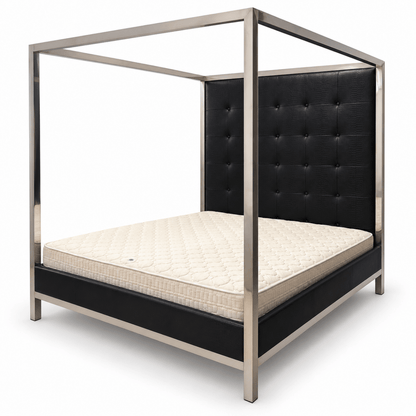 THE One King Four-Poster Canopy Bed with Tufted Headboard & Mattress – Black & Silver – 180 × 200 cm - Al Thahani Furniture