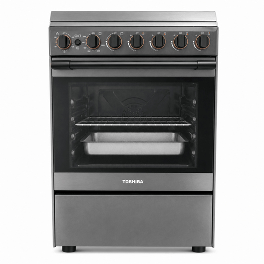 Toshiba TBA-24BMG4G089KS 4-Burner Freestanding Gas Cooker – Grey/Black – 60 cm - Al Thahani Furniture