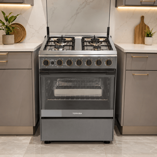 Toshiba TBA-24BMG4G089KS 4-Burner Freestanding Gas Cooker – Grey/Black – 60 cm - Al Thahani Furniture