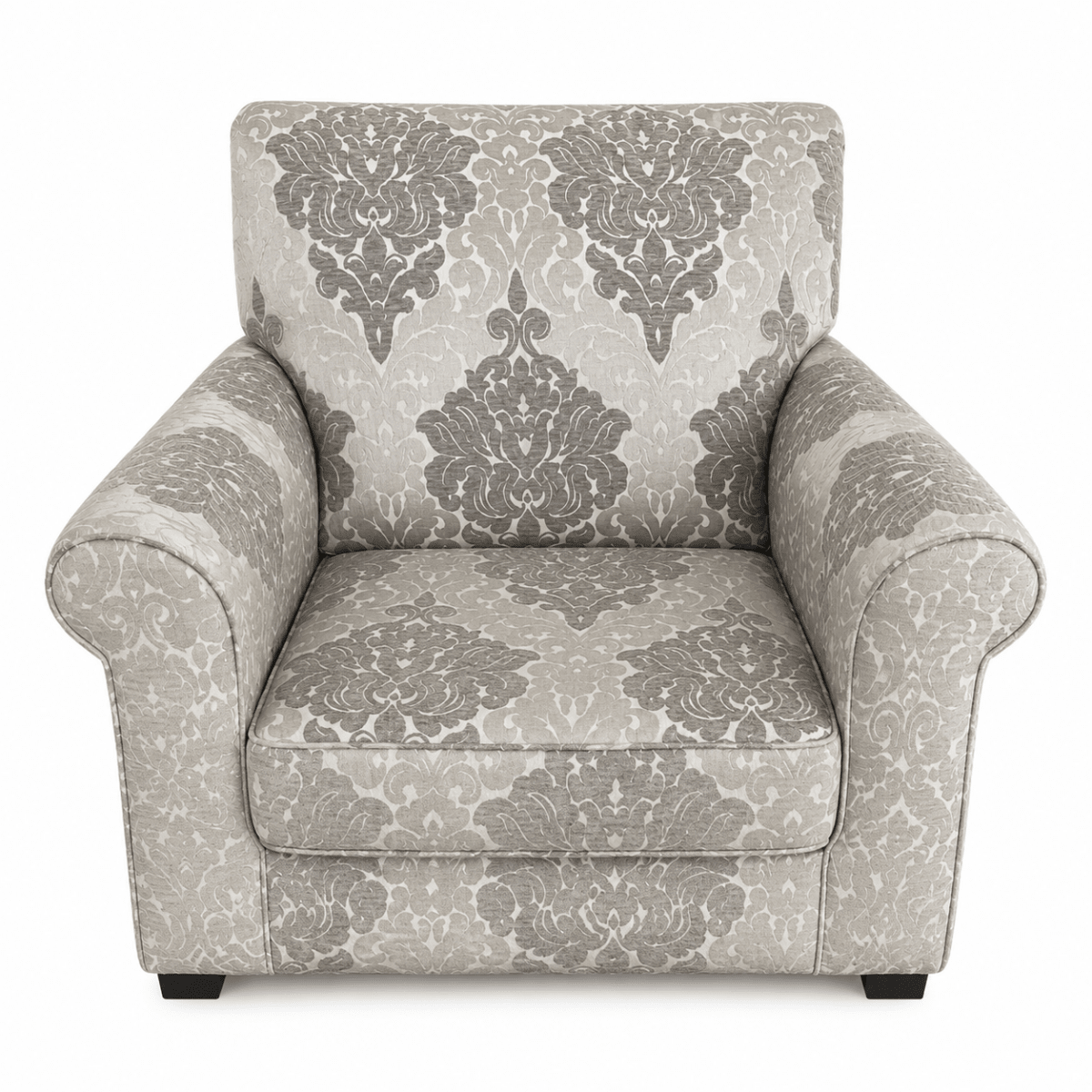 Traditional Upholstered Club Armchair | Grey & Off-White Damask Pattern - used 8 months - Al Thahani Furniture