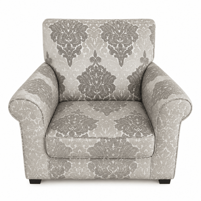 Traditional Upholstered Club Armchair | Grey & Off-White Damask Pattern - used 8 months - Al Thahani Furniture