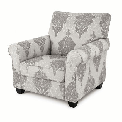 Traditional Upholstered Club Armchair | Grey & Off-White Damask Pattern - used 8 months - Al Thahani Furniture