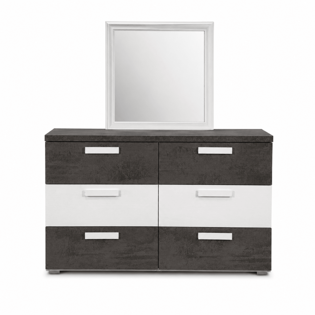Ventura 180 × 200 cm King Bed with 2 Bedside Tables, 6-Drawer Dresser & Mirror – Grey &amp; White - Al Thahani Furniture