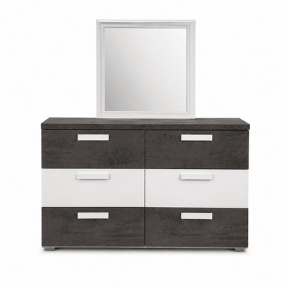 Ventura 180 × 200 cm King Bed with 2 Bedside Tables, 6-Drawer Dresser & Mirror – Grey &amp; White - Al Thahani Furniture