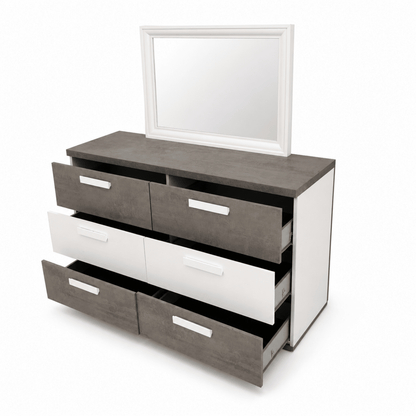 Ventura 180 × 200 cm King Bed with 2 Bedside Tables, 6-Drawer Dresser & Mirror – Grey &amp; White - Al Thahani Furniture