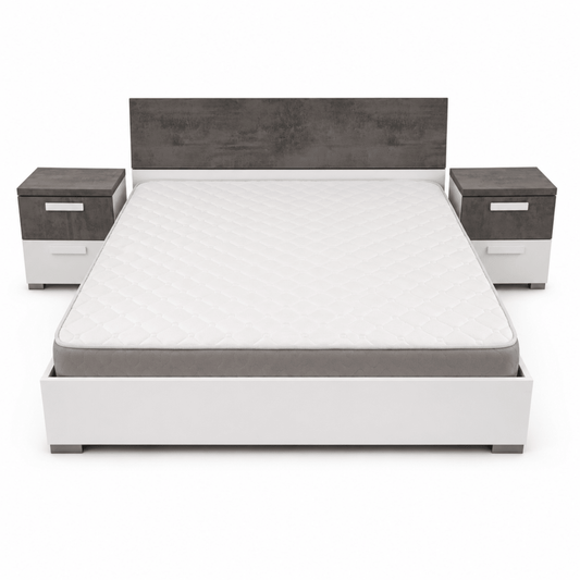Ventura 180 × 200 cm King Bed with 2 Bedside Tables, 6-Drawer Dresser & Mirror – Grey &amp; White - Al Thahani Furniture