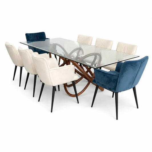 Wesley Dining Table Set | 8 Velvet Chairs, - used 10 months - Al Thahani Furniture