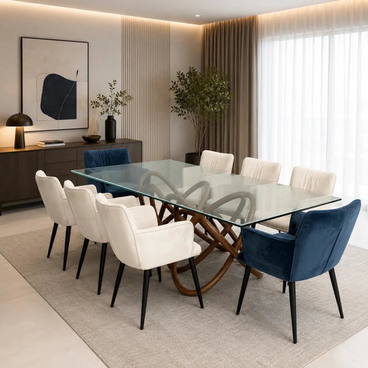 Wesley Dining Table Set | 8 Velvet Chairs, - used 10 months - Al Thahani Furniture