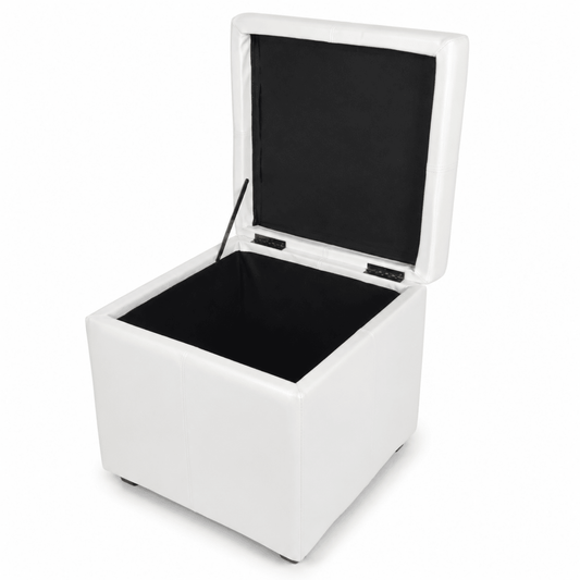 White Faux-Leather Storage Ottoman – 40 × 40 cm - Al Thahani Furniture