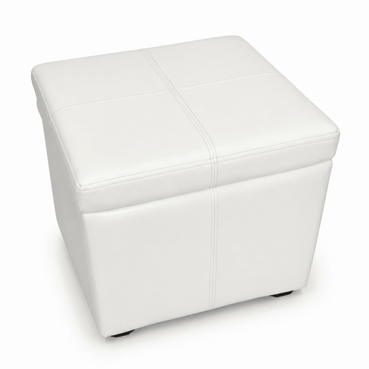 White Faux-Leather Storage Ottoman – 40 × 40 cm - Al Thahani Furniture