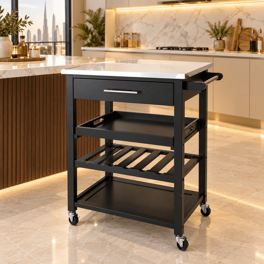 Winsome Wood Anthony Kitchen Utility Cart with Stainless Steel Top – Black – 64 × 42 × 86 cm - Al Thahani Furniture