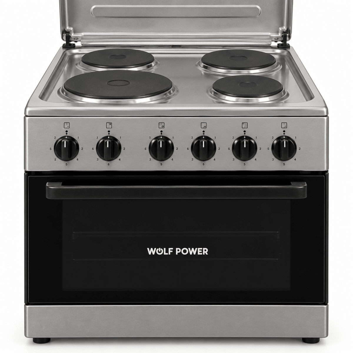 Wolf Power WGC6060HERMF 4-Hot-Plate Electric Cooker with Oven – 60 × 60 cm – Silver - Al Thahani Furniture