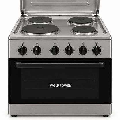 Wolf Power WGC6060HERMF 4-Hot-Plate Electric Cooker with Oven – 60 × 60 cm – Silver - Al Thahani Furniture