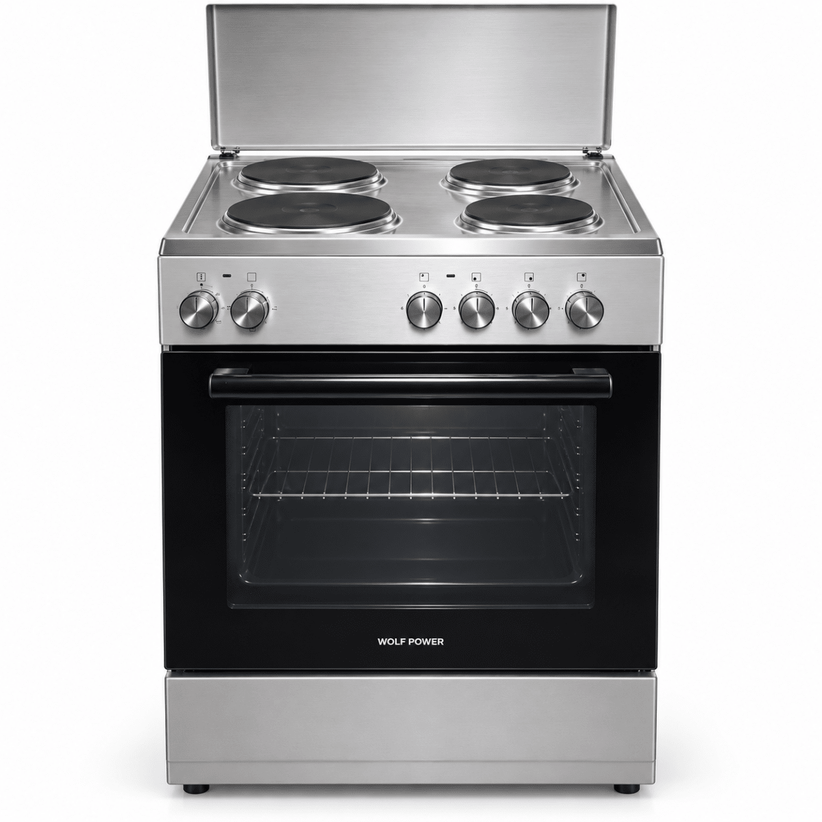 Wolf Power WGC6060HERMF 4-Hot-Plate Electric Cooker with Oven – 60 × 60 cm – Silver - Al Thahani Furniture