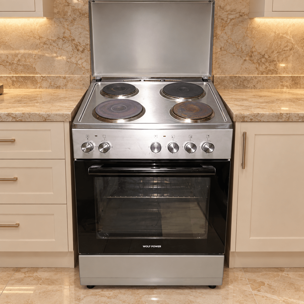 Wolf Power WGC6060HERMF 4-Hot-Plate Electric Cooker with Oven – 60 × 60 cm – Silver - Al Thahani Furniture