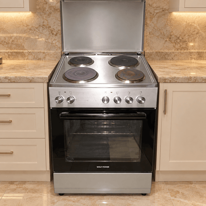 Wolf Power WGC6060HERMF 4-Hot-Plate Electric Cooker with Oven – 60 × 60 cm – Silver - Al Thahani Furniture