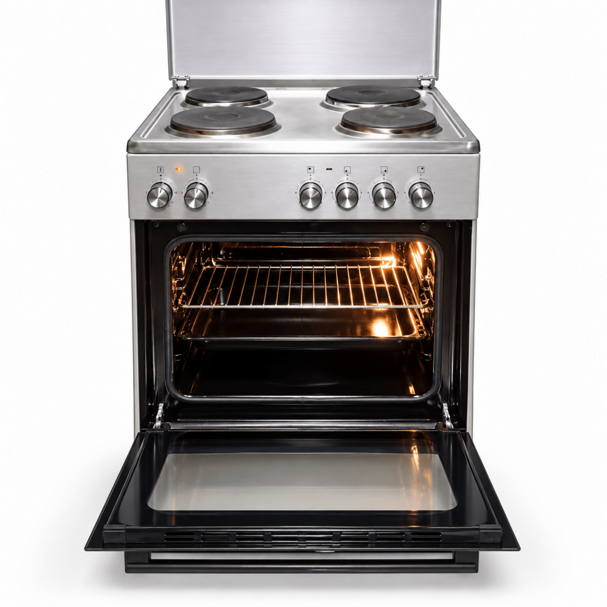 Wolf Power WGC6060HERMF 4-Hot-Plate Electric Cooker with Oven – 60 × 60 cm – Silver - Al Thahani Furniture