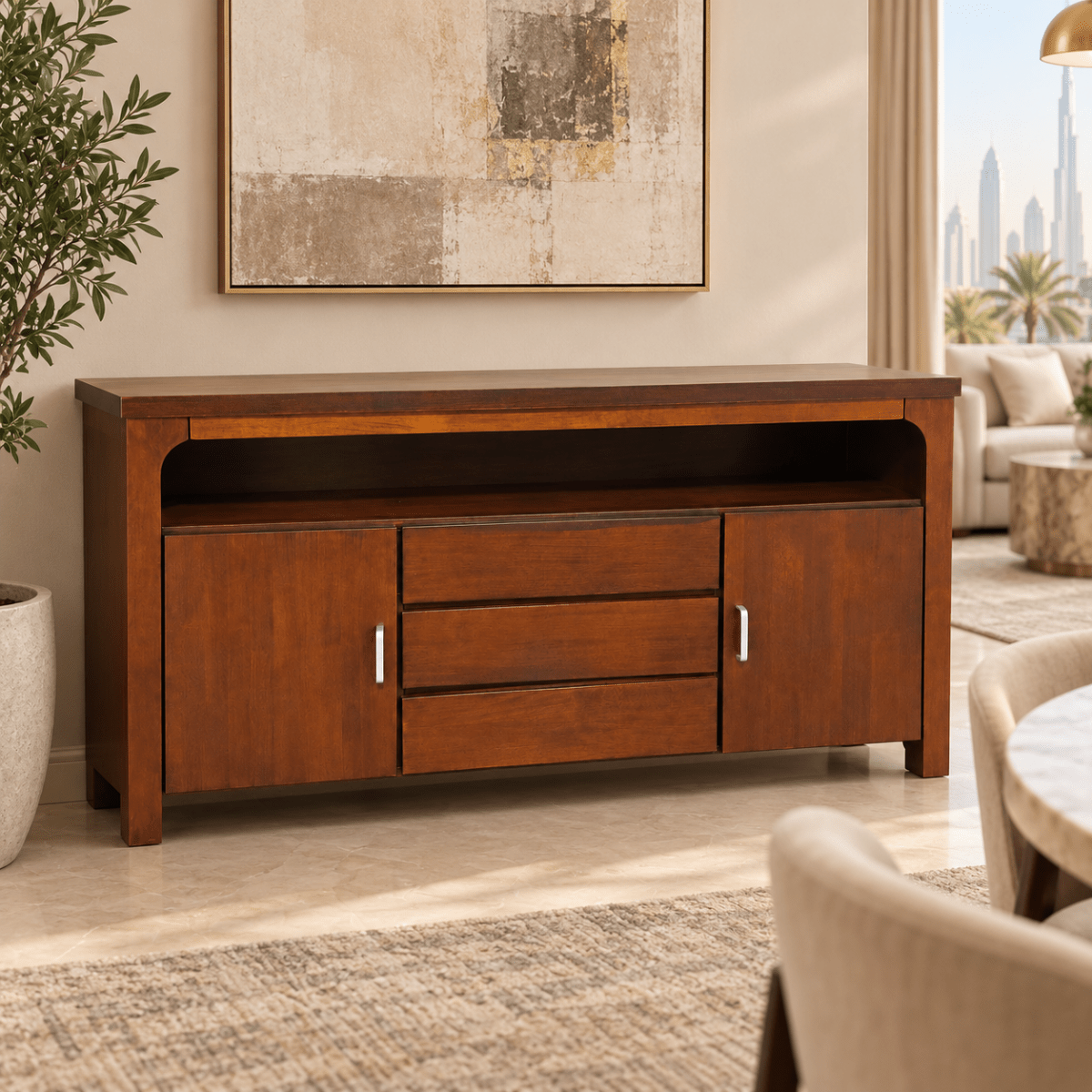 Wood Sideboard with 2 Doors, 3 Drawers & Open Shelf – 155 × 45 × 82 cm - Al Thahani Furniture