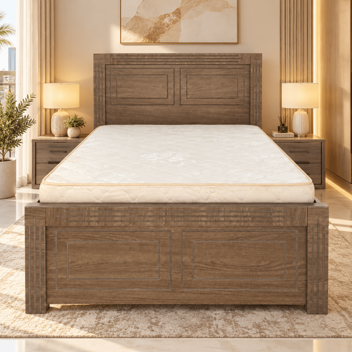 Woodhaven Panel Single Bed with Mattress – 120 × 190 cm – Walnut Brown - Al Thahani Furniture