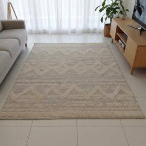 Zagreb Snow Hand - Tufted Wool Area Rug | Geometric Design | 300×190 cm | Ivory/Light Grey - althahanifurniture
