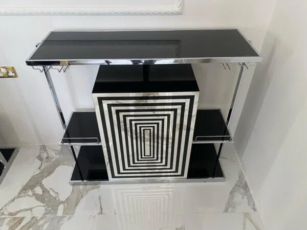 Zinna 2 - Tier Home Bar | Glossy Black & Chrome Statement Piece - althahanifurniture