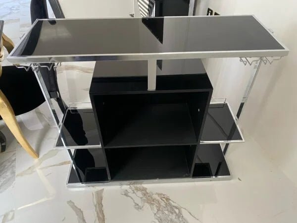 Zinna 2 - Tier Home Bar | Glossy Black & Chrome Statement Piece - althahanifurniture