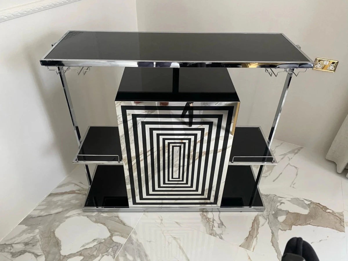Zinna 2 - Tier Home Bar | Glossy Black & Chrome Statement Piece - althahanifurniture