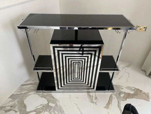 Zinna 2 - Tier Home Bar | Glossy Black & Chrome Statement Piece - althahanifurniture