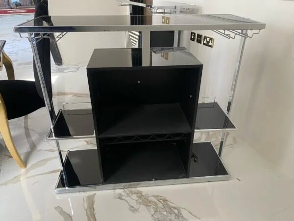 Zinna 2 - Tier Home Bar | Glossy Black & Chrome Statement Piece - althahanifurniture
